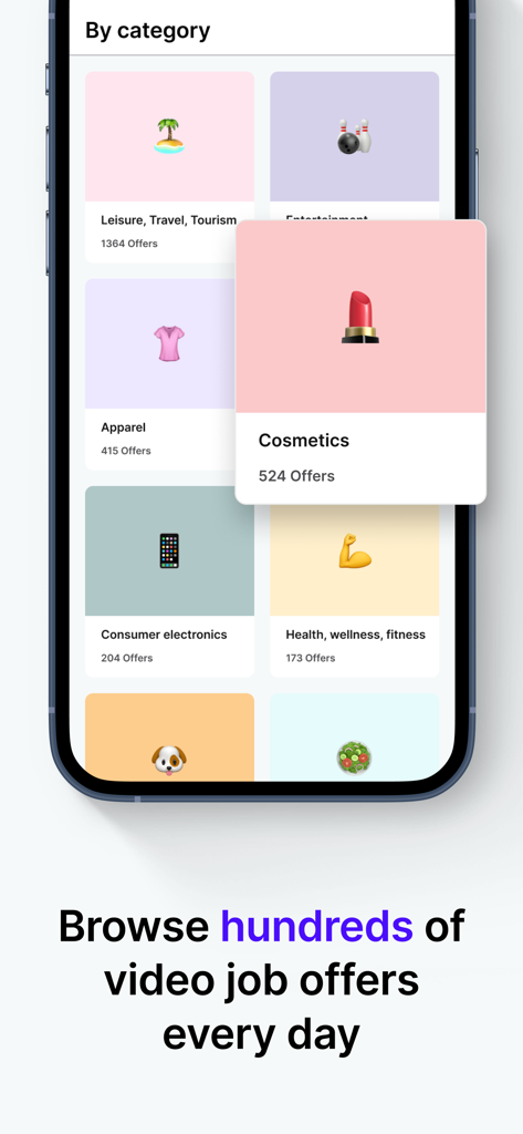 Billo Creator - Sell Content - Billo Creatorアプリの画面には、化粧品、アパレル、電子機器などのビデオ求人カテゴリが表示されます