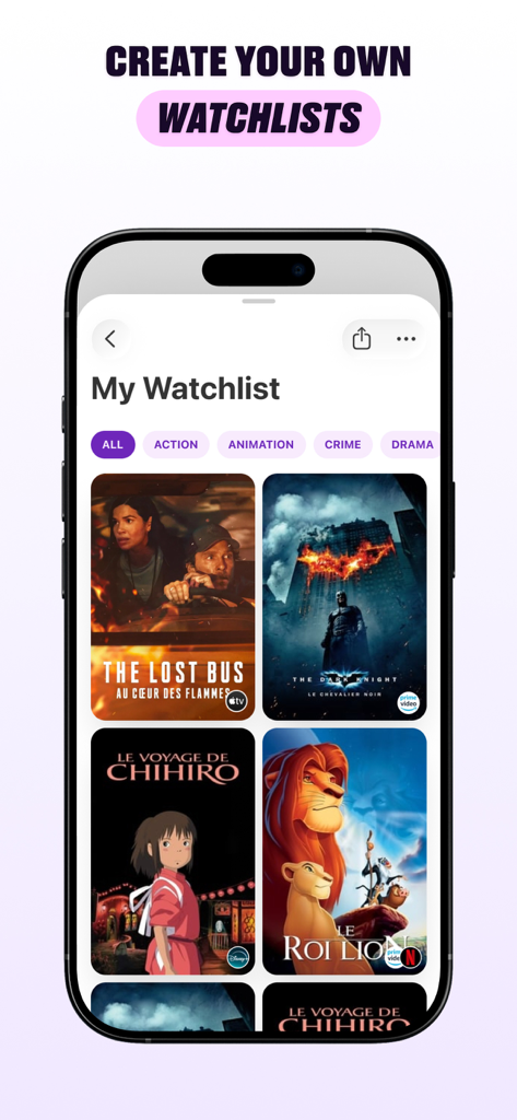Écran de smartphone montrant la liste de surveillance de l'application OneMovie avec des affiches de films et des filtres de genre