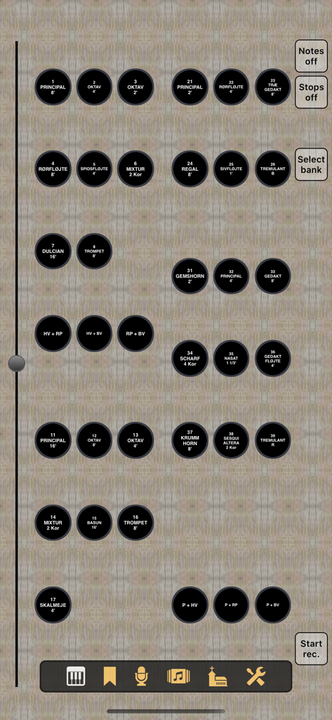 MarcMoerd - Uma interface digital que mostra vários manípulos de registos de órgão de tubos e controlos de registo para a aplicação MarcMoerd.