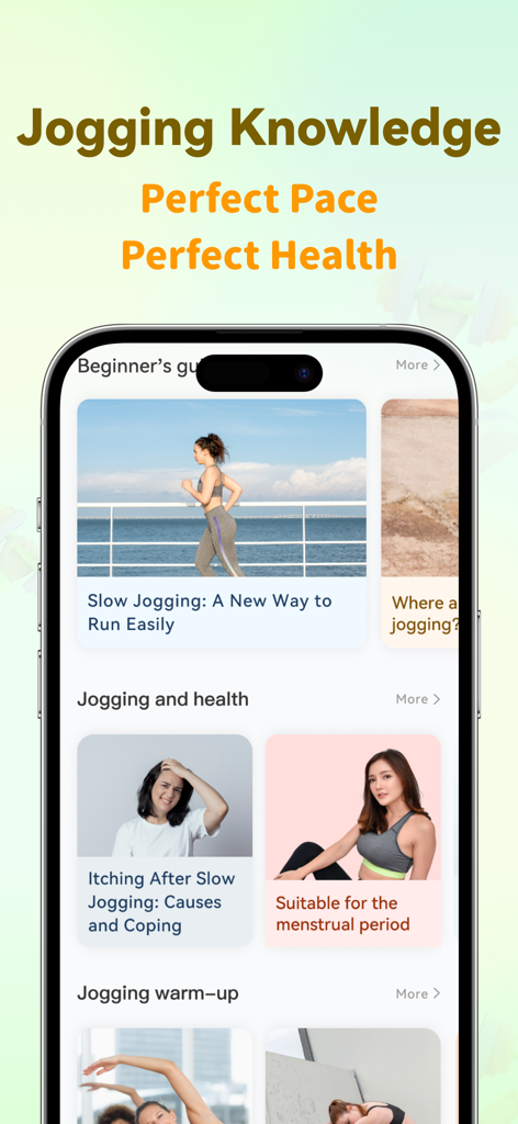 A mobile app interface displaying slow jogging guides and health tips for beginners