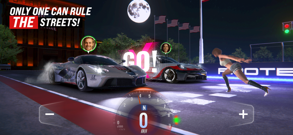 TDZ X: Traffic Driving Zone - Due auto sportive sulla linea di partenza di una gara di accelerazione notturna con un prompt di partenza (Go)