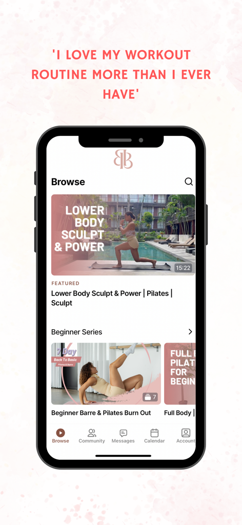 Body By Barre Studio - Screenshot of the Body By Barre Studio app browse screen showing featured pilates and barre workout videos like Lower Body Sculpt and Beginner Series