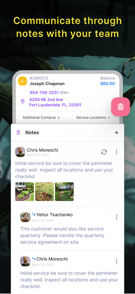 GorillaDesk - GorillaDesk app interface showing internal team notes and job site photos for field service communication
