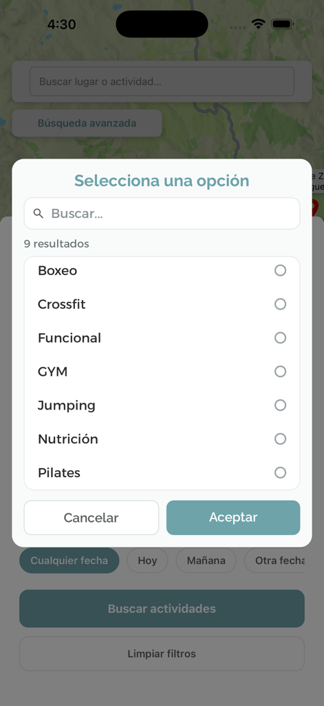 Wellnet app popup menu for selecting fitness and wellness activities like boxing, CrossFit, and nutrition.