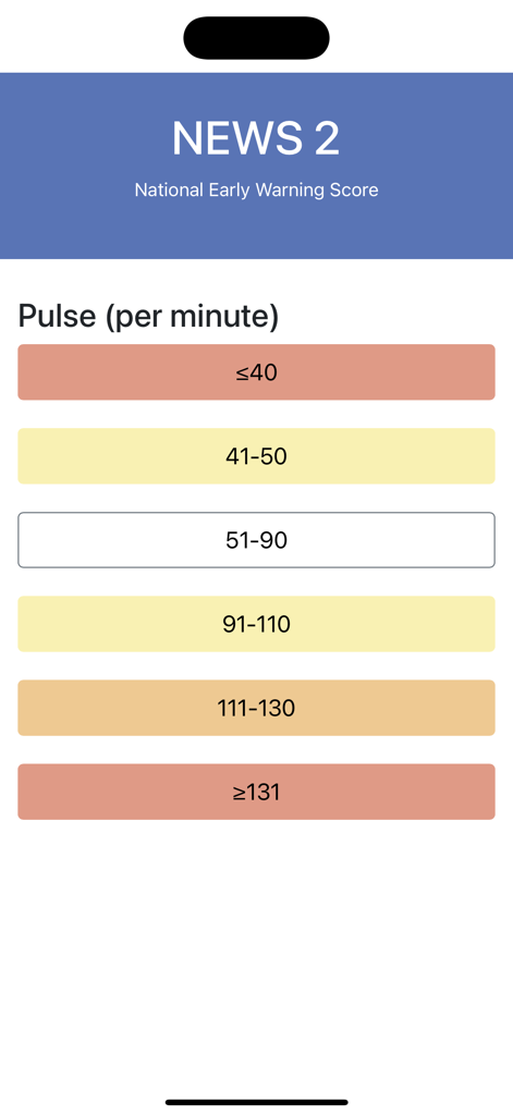 Interface do aplicativo calculadora NEWS2 mostrando seleção de faixa de frequência de pulso para avaliação clínica