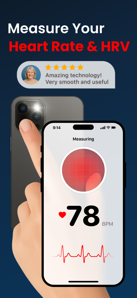 A hand holding an iPhone while measuring heart rate and HRV by placing a finger over the camera sensor.