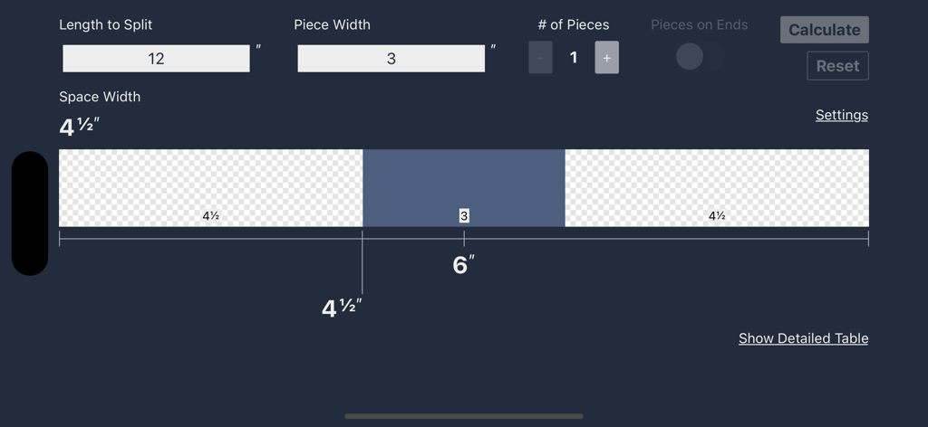 Interface of the Even Spacing Calculator app displaying measurement inputs and a visual layout diagram for woodworking projects.