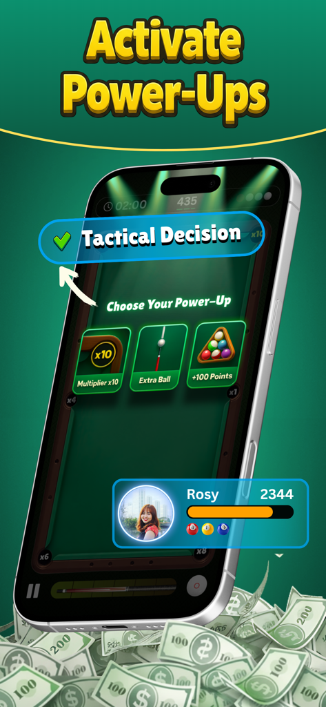 8 Ball Cash Real Money Pool - iPhone showing 8 Ball Cash power-up options including Multiplier, Extra Ball, and Bonus Points over a pile of money.