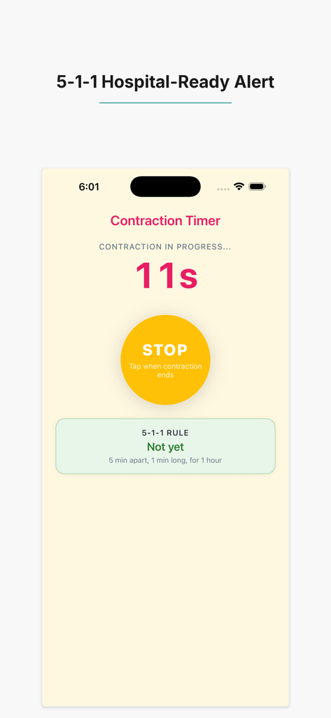 Contraction Timer: 5-1-1 - Interface of the Contraction Timer app during an active contraction showing 11 seconds elapsed and the 5-1-1 rule status