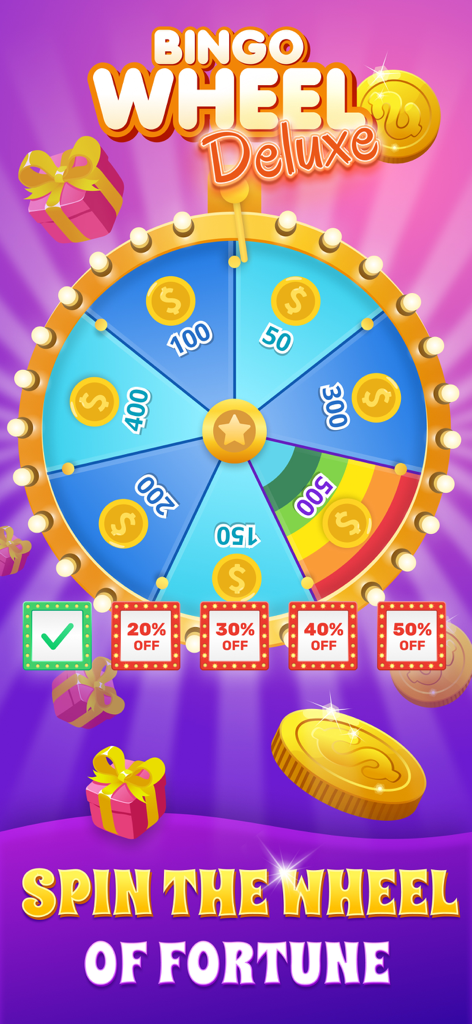 Bingo Lotto－Lucky Lottery Card - A colorful prize wheel in the Bingo Lotto game showing various coin rewards and discount coupons
