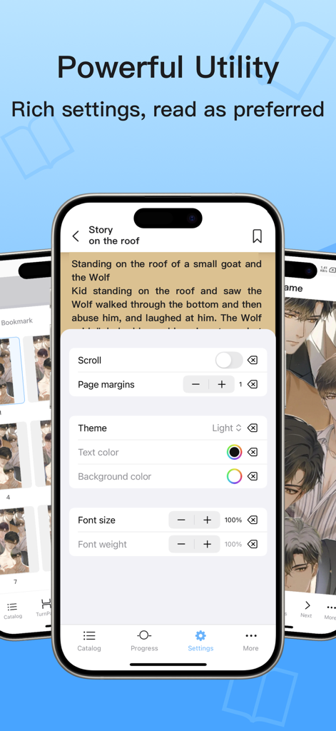 KRed Reader interface displaying font theme and layout customization options