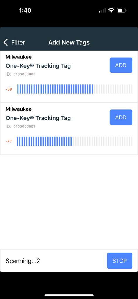 ToolWatch - The ToolWatch mobile app screen showing a scan for new Milwaukee One-Key tracking tags with signal strength bars.