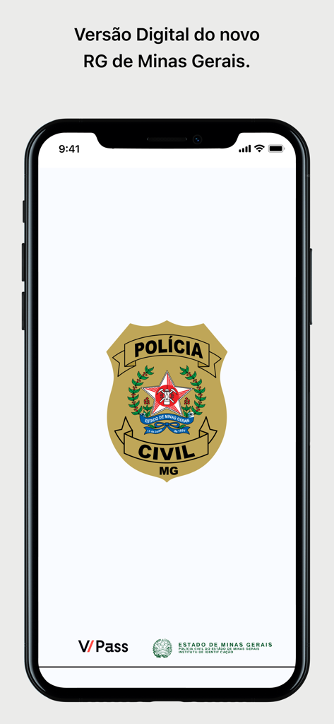 Écran de démarrage officiel de l'application RG Digital MG pour l'identification numérique du Minas Gerais, montrant le logo de la police civile.