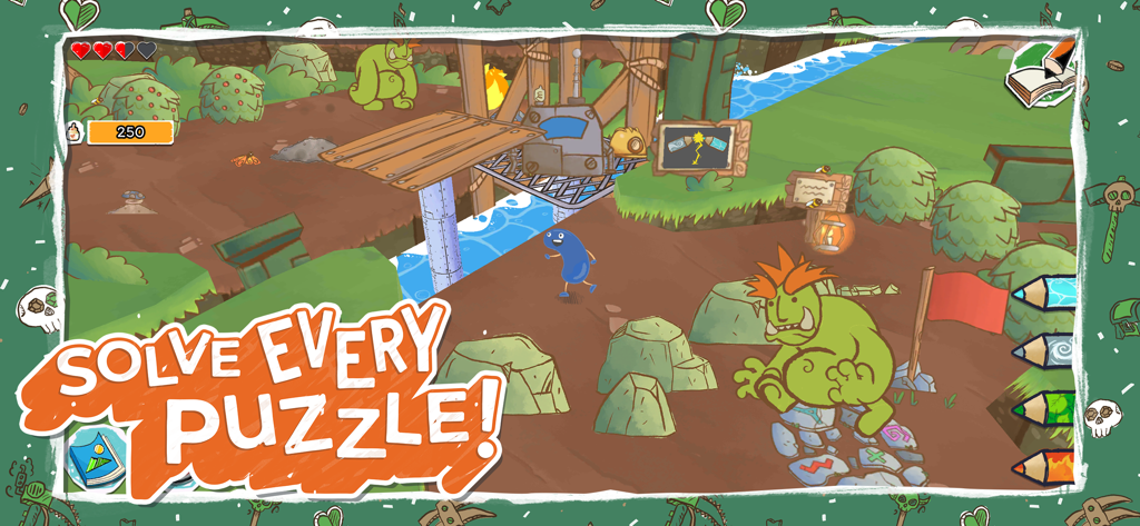 Draw a Stickman: EPIC 3 - Gameplay screenshot of Draw a Stickman EPIC 3 showing a blue character and a green monster in a colorful hand-drawn level with the text Solve Every Puzzle