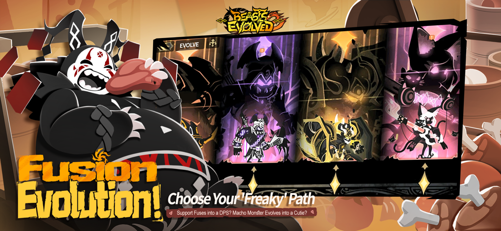 Beasts Evolved 2 screenshot displaying the Fusion Evolution system where players can choose freaky paths to evolve their monsters.