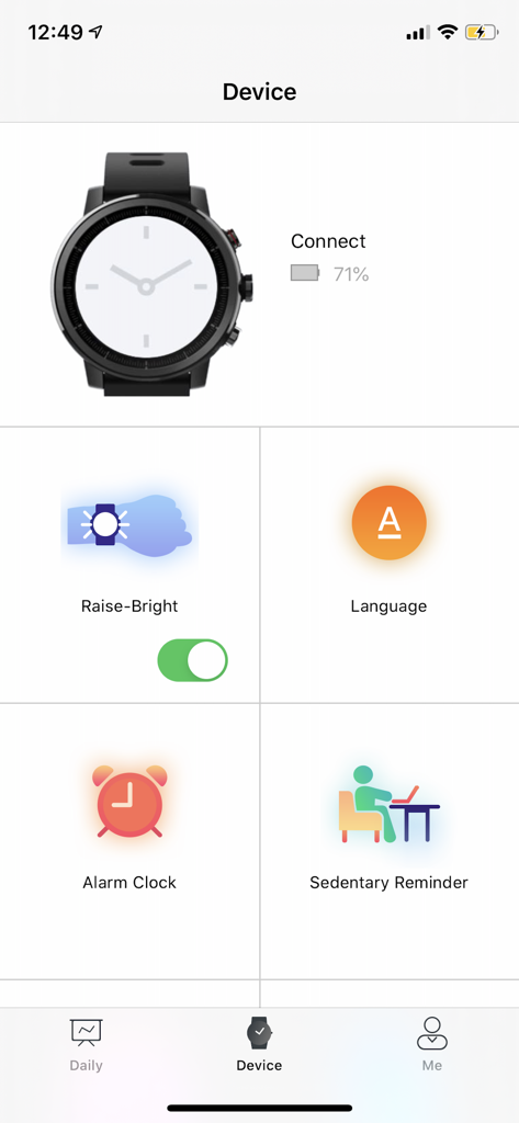 FitFly(US) - FitFly app interface showing connected smartwatch device settings and battery status.