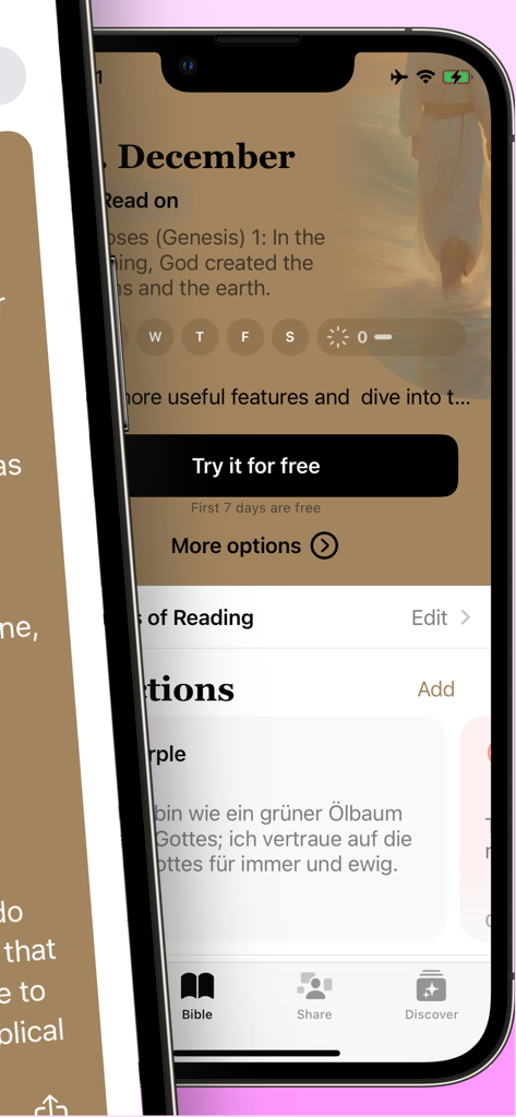 Pantalla de smartphone que muestra la aplicación Ruth Bible para mujeres con un versículo diario y un fondo floral estético