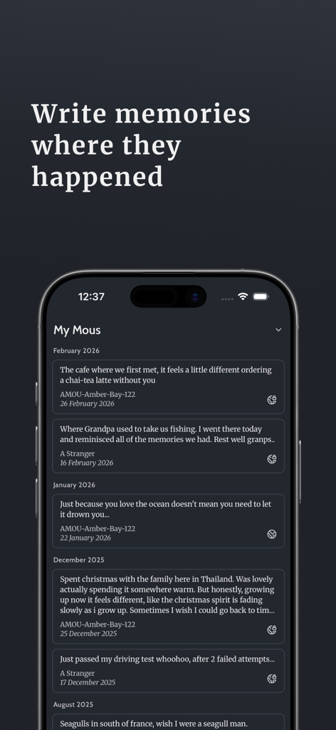 AMOU: A Map Of Us - Screenshot of the AMOU app displaying a feed of personal memories and journal reflections tied to specific geographic locations and dates.