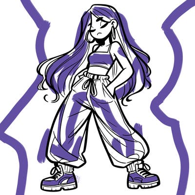 girl in baggy pants crop top and long hair