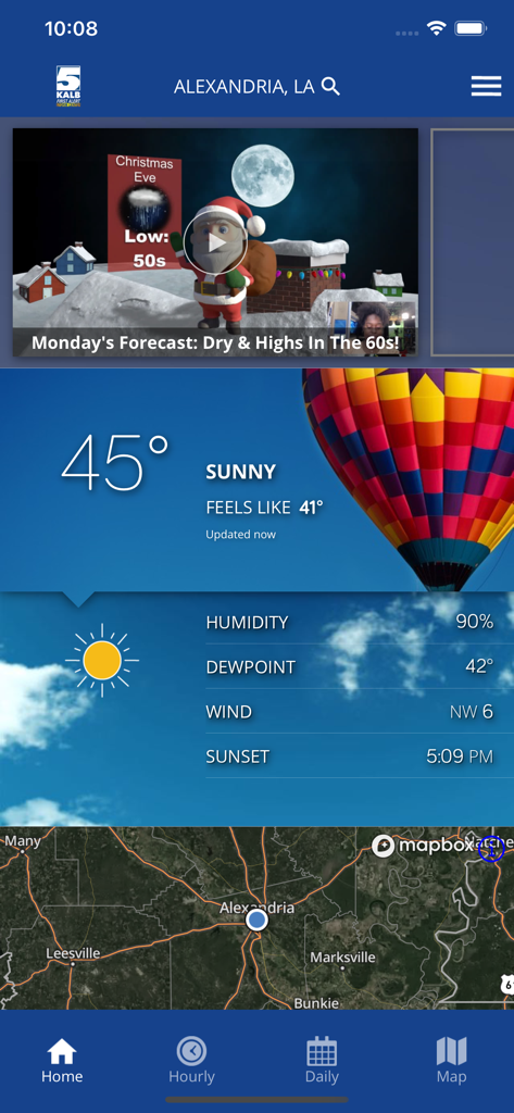 KALB WX app dashboard showing local weather forecast for Alexandria Louisiana