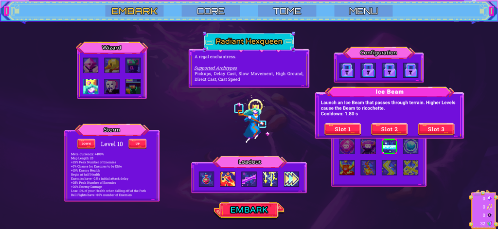 Neon Spellstorm - Pantalla de configuración de carga y hechizos del personaje de Neon Spellstorm con la maga Hexqueen Radiante.