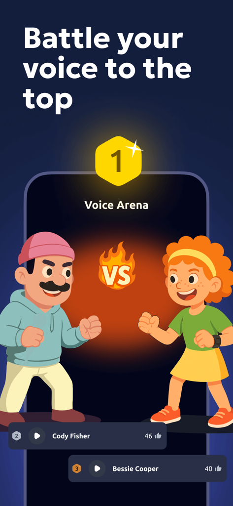 A gamified voice battle screen in the Vocal Image app featuring two cartoon characters in a Voice Arena.