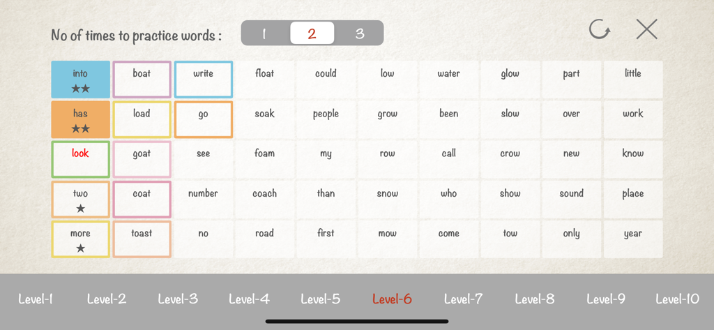Interface do aplicativo educacional mostrando uma grade de palavras de ortografia com estrelas de domínio e navegação de nível