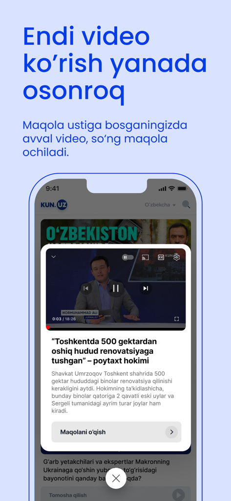 L'interfaccia dell'app mobile Kun.uz che mostra un riproduttore video di notizie e un articolo sulla ristrutturazione di Tashkent.