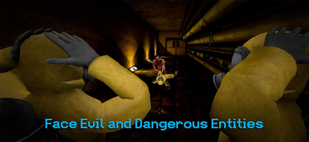 Backrooms Union Multiplayer - 黄色い防護服を着たプレイヤーたちが、暗い廊下で危険なモンスターに立ち向かっている