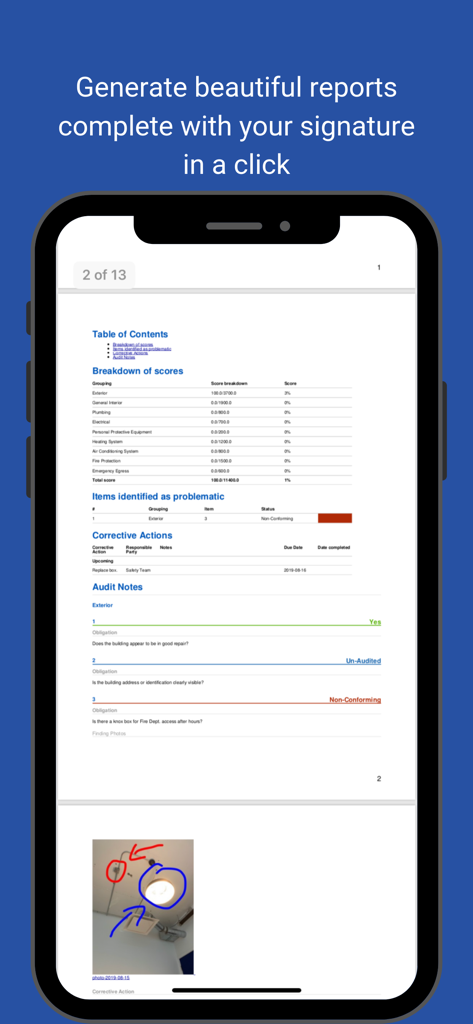 Nimonik - Inspect & Registers - Nimonik mobile app interface displaying a generated audit report with breakdown of scores and corrective actions