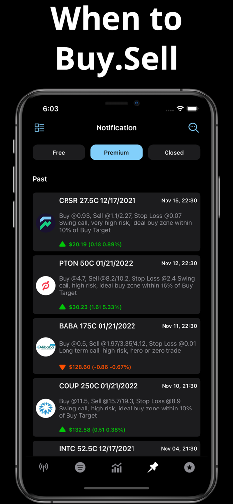Stocks Advisor app interface showing premium buy and sell signals for stock options