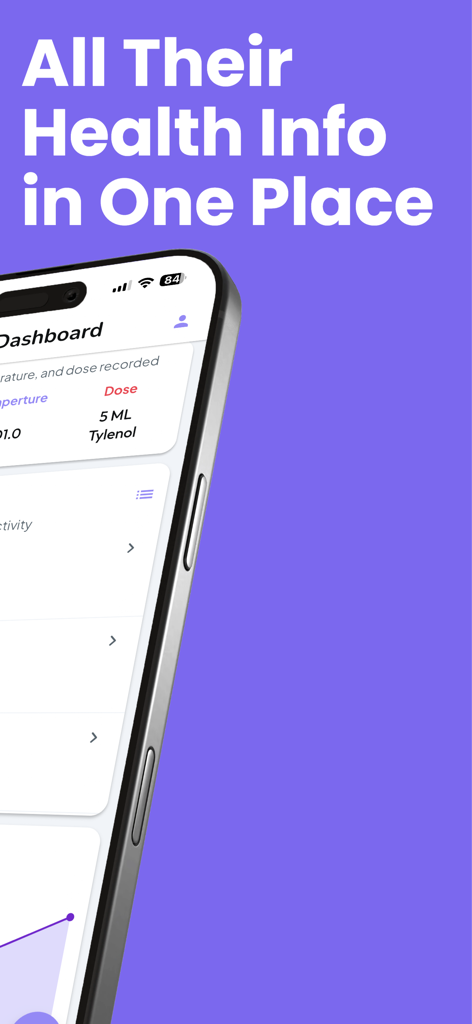 KidVitals: Fever Tracker - Teléfono inteligente mostrando el panel de la aplicación KidVitals con registros de salud infantil, incluida la dosis de Tylenol