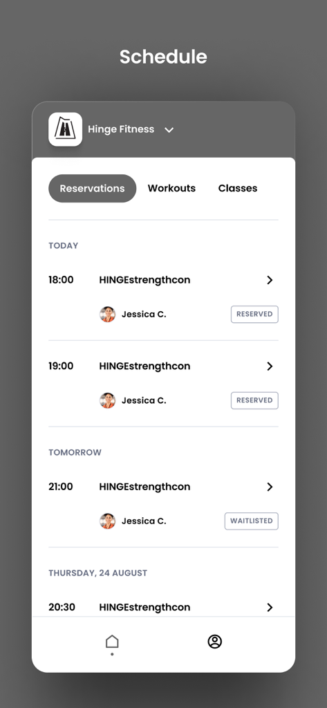 Hinge Fitness - Interfaz de la aplicación móvil Hinge Fitness mostrando un horario de clases reservadas