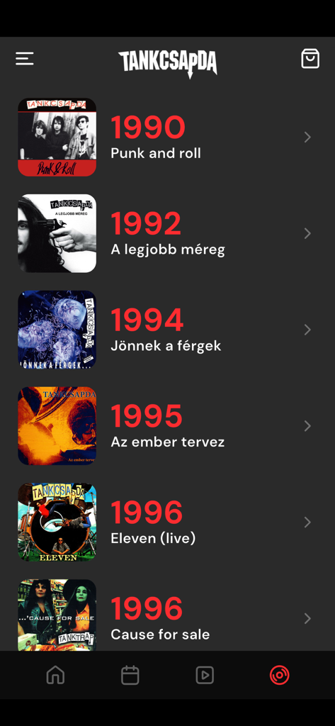 Discography screen of the Tankcsapda app showing a list of rock albums from the 1990s with their cover art