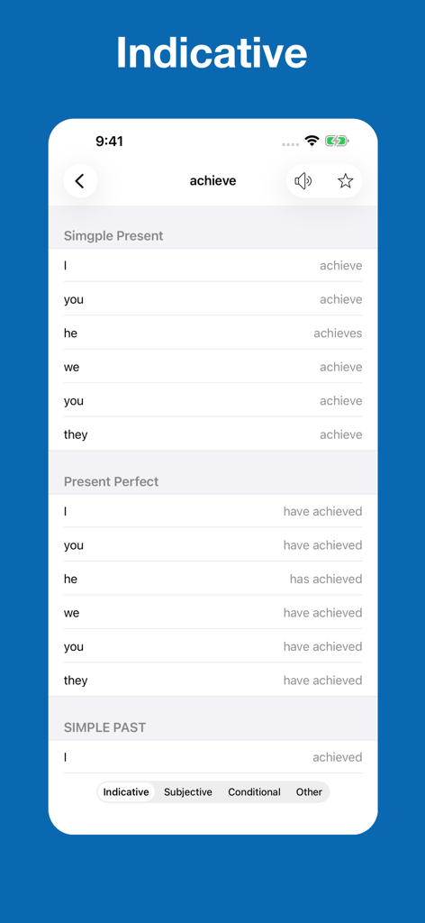 English Verb Conjugation - Tela de conjugação de verbos em inglês mostrando o modo indicativo para o verbo 'achieve' em vários tempos verbais