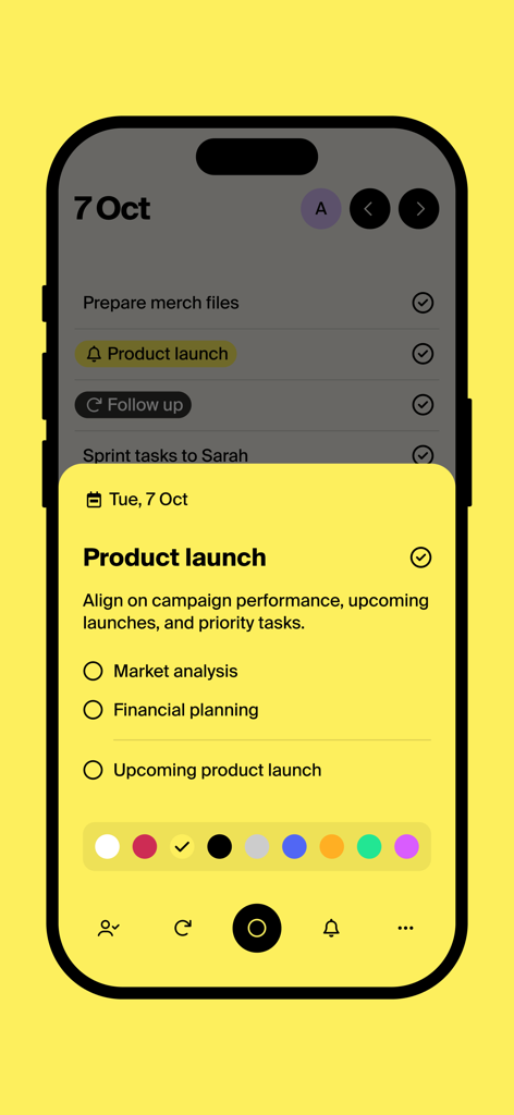 Tweek: Minimal To Do List - Screenshot of the Tweek app showing a task with a checklist and color theme options on a minimalist interface.
