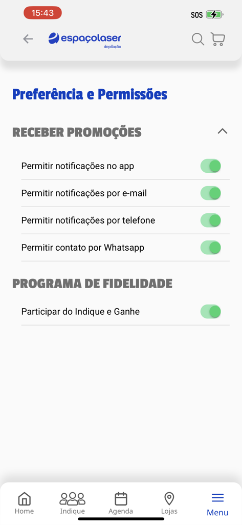 Espacolaser app preferences screen showing notification settings and loyalty program participation toggle