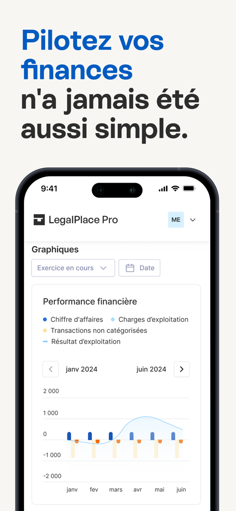 Écran de l'application LegalPlace Pro affichant un graphique de performance financière d'entreprise avec les revenus et les dépenses