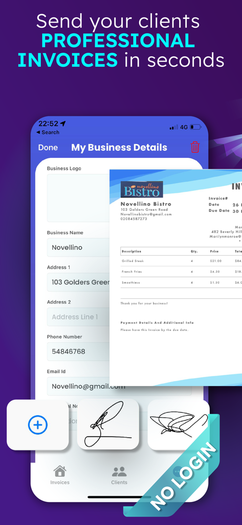 Invoice Maker + Estimate App - Mobile app interface showing business profile setup and professional invoice preview with digital signatures