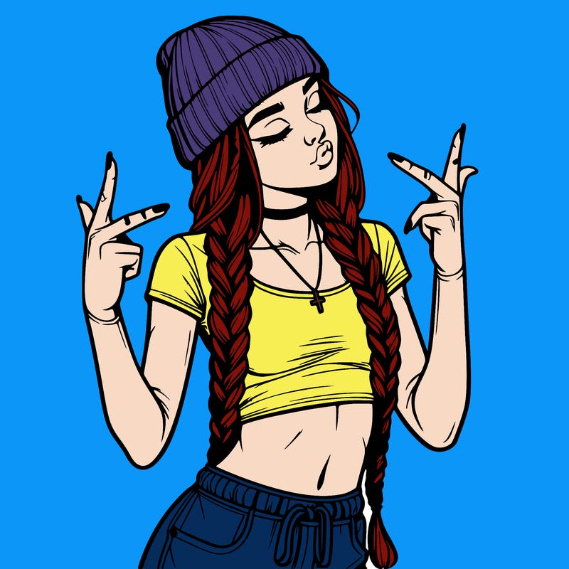 realistic teenage girl with braids and a beanie and crop top doing 🫶🏼