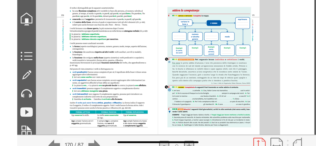 Digital textbook interface of the myLIM app showing Italian grammar exercises and interactive study tools.