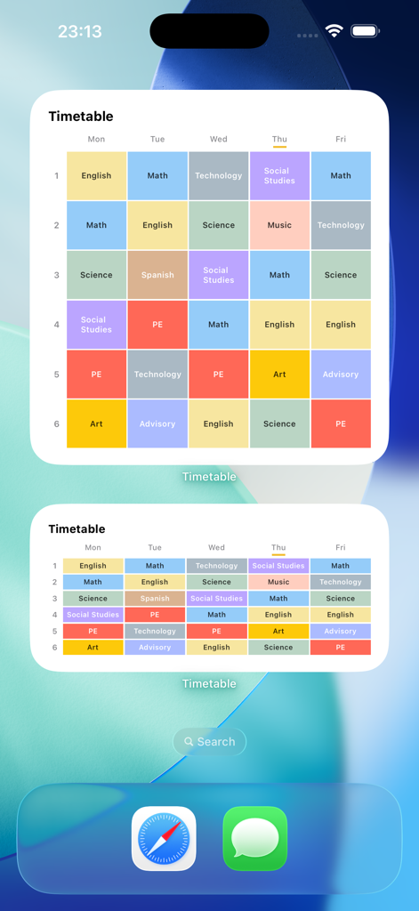 Color-coded school timetable displayed as widgets on an iPhone home screen
