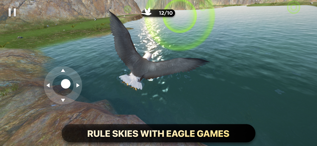 Bird Fly High 3D Simulator - Bald eagle flying above water in a 3D bird simulation game