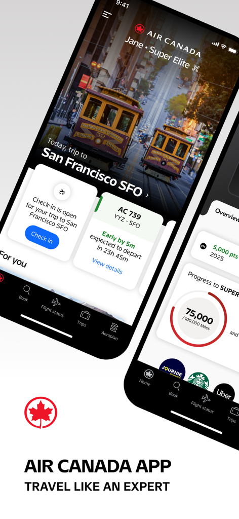 Air Canada + Aeroplan - サンフランシスコへの旅行の詳細とAeroplanロイヤルティステータスの進捗状況を示す、Air Canadaアプリの2つのモバイル画面。