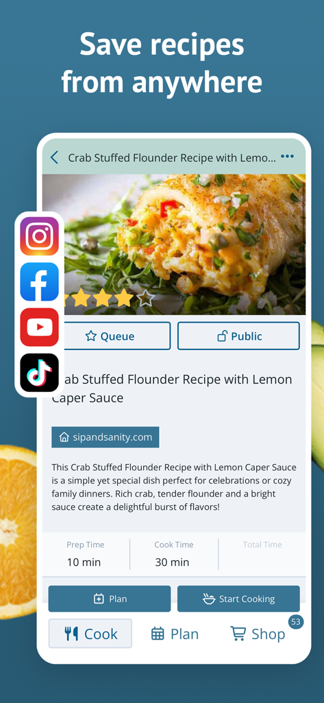 Plan to Eat 앱 인터페이스, 푸드 블로그에서 가져온 게살 필레 레시피와 소셜 미디어 아이콘을 보여줍니다.