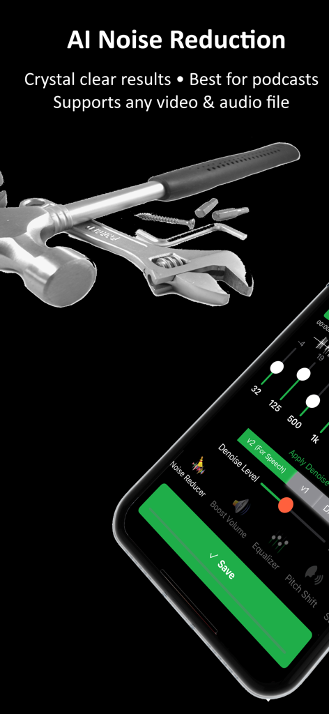 ByeNoise - Video Audio Editor - Interfaz de la aplicación ByeNoise mostrando ajustes de reducción de ruido de IA y herramientas de edición de audio