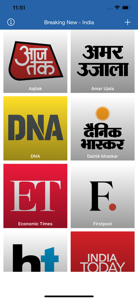 Grid showing various Indian news sources available in the Breaking News India app