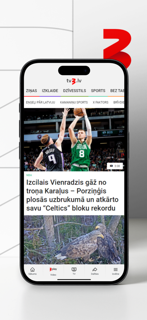 tv3.lv - tv3.lvモバイルアプリのインターフェース。ラトビアのスポーツニュースと記事が表示されています。
