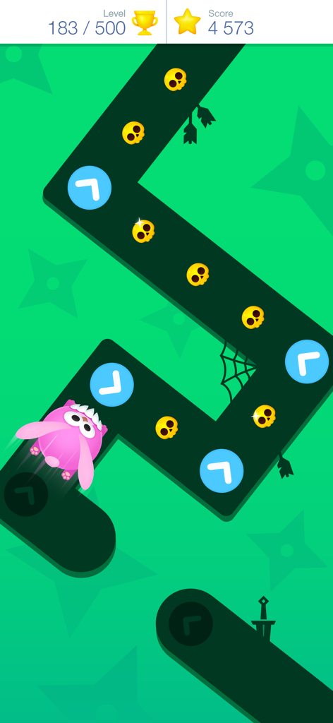 Tap Tap Dash: Turbo - Pink character navigating a green zigzag path with skulls and arrow indicators in Tap Tap Dash Turbo