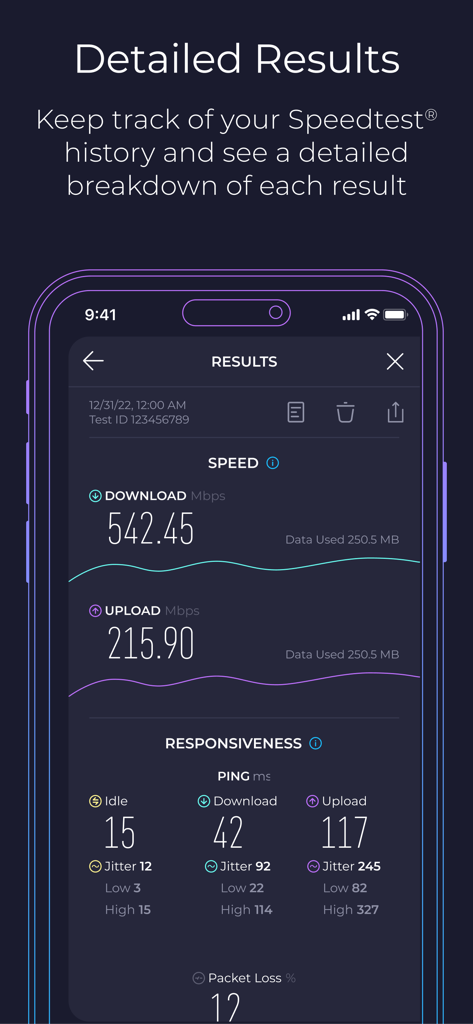 Speedtest by Ookla app showing detailed download and upload speed results with network responsiveness metrics